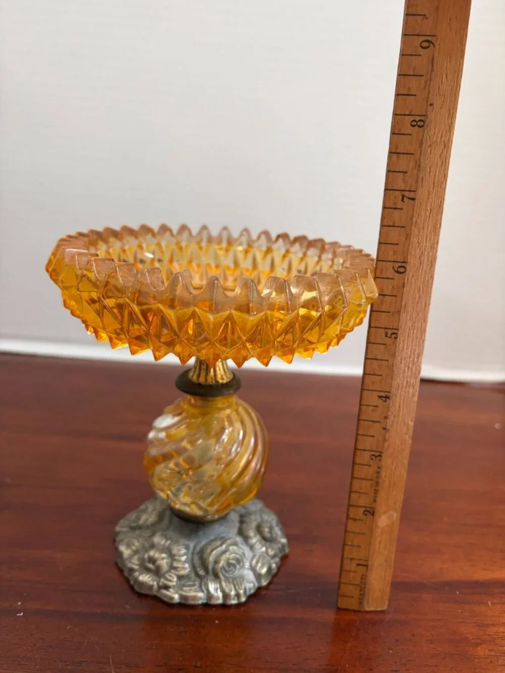 Vintage Amber Compote Candy Dish Featuring a Diamond Point Rim and Metal Base
